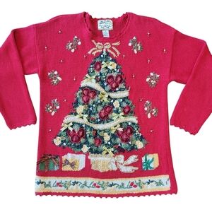 Vintage Heirloom Collectibles Red Christmas Tree Beaded Knit Holiday Sweater